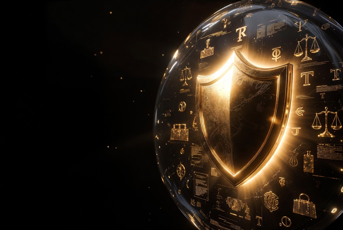 Control the Brand trademark strategy book hero image with black and gold brand protection shield